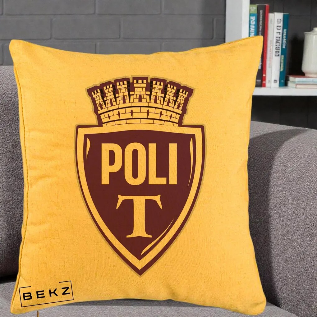 Perna Personalizata Poli Timisoara Fotbal, 40x40 cm, Galben, Husa Detasabila, Perna Inclusa, BEKZ®
