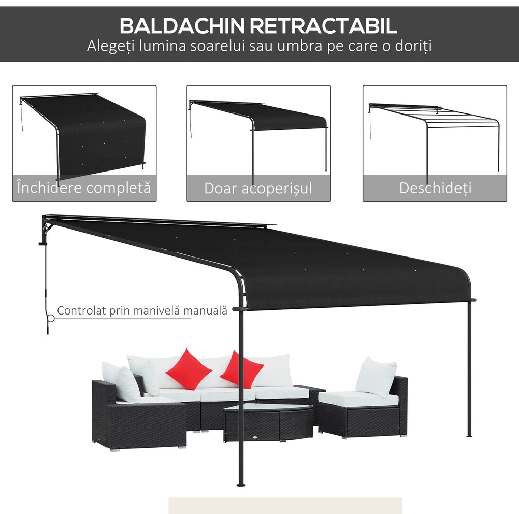 Outsunny Pergola Inclinata de 3 x 4m cu Copertina Retractabila