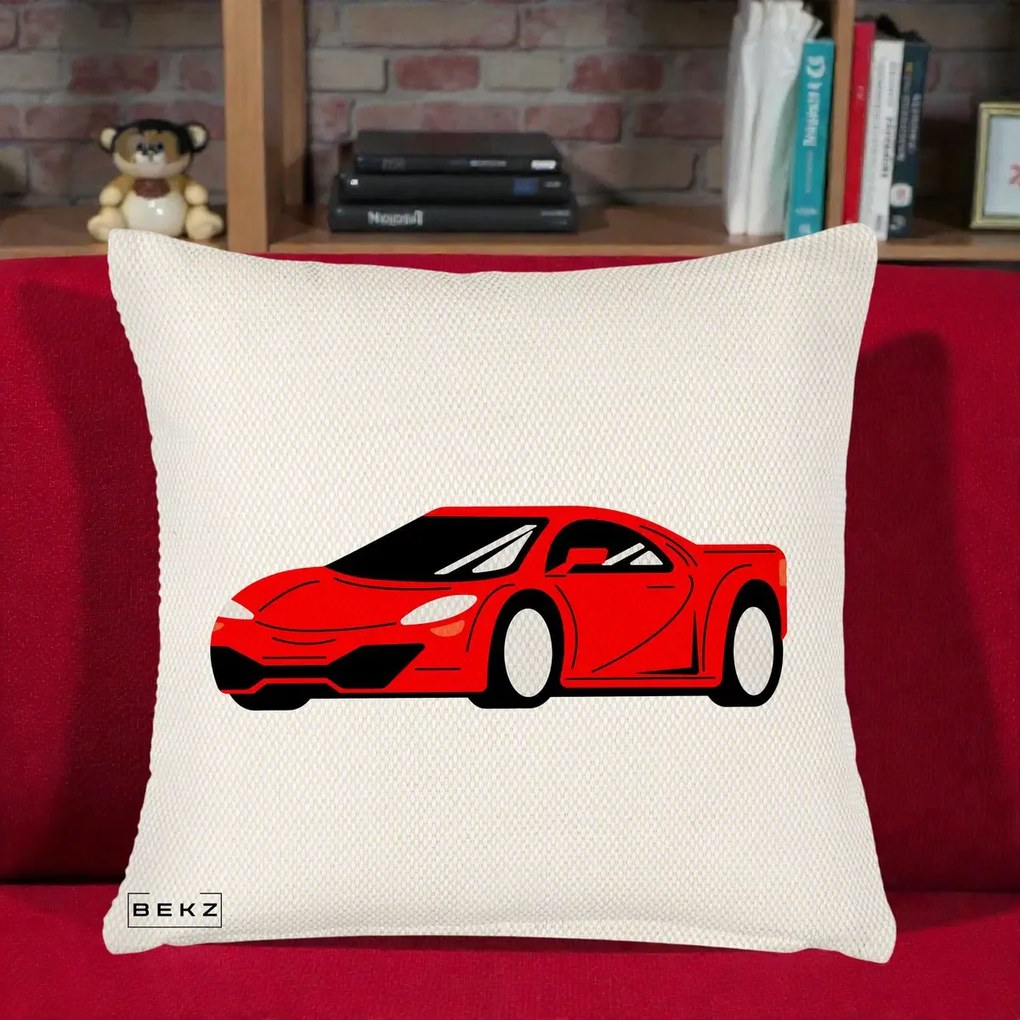 Perna Personalizata Masina Sport Rosie Grafic, 40x40 cm, Crem Reliefat, Husa Detasabila, Perna Inclusa, BEKZ®