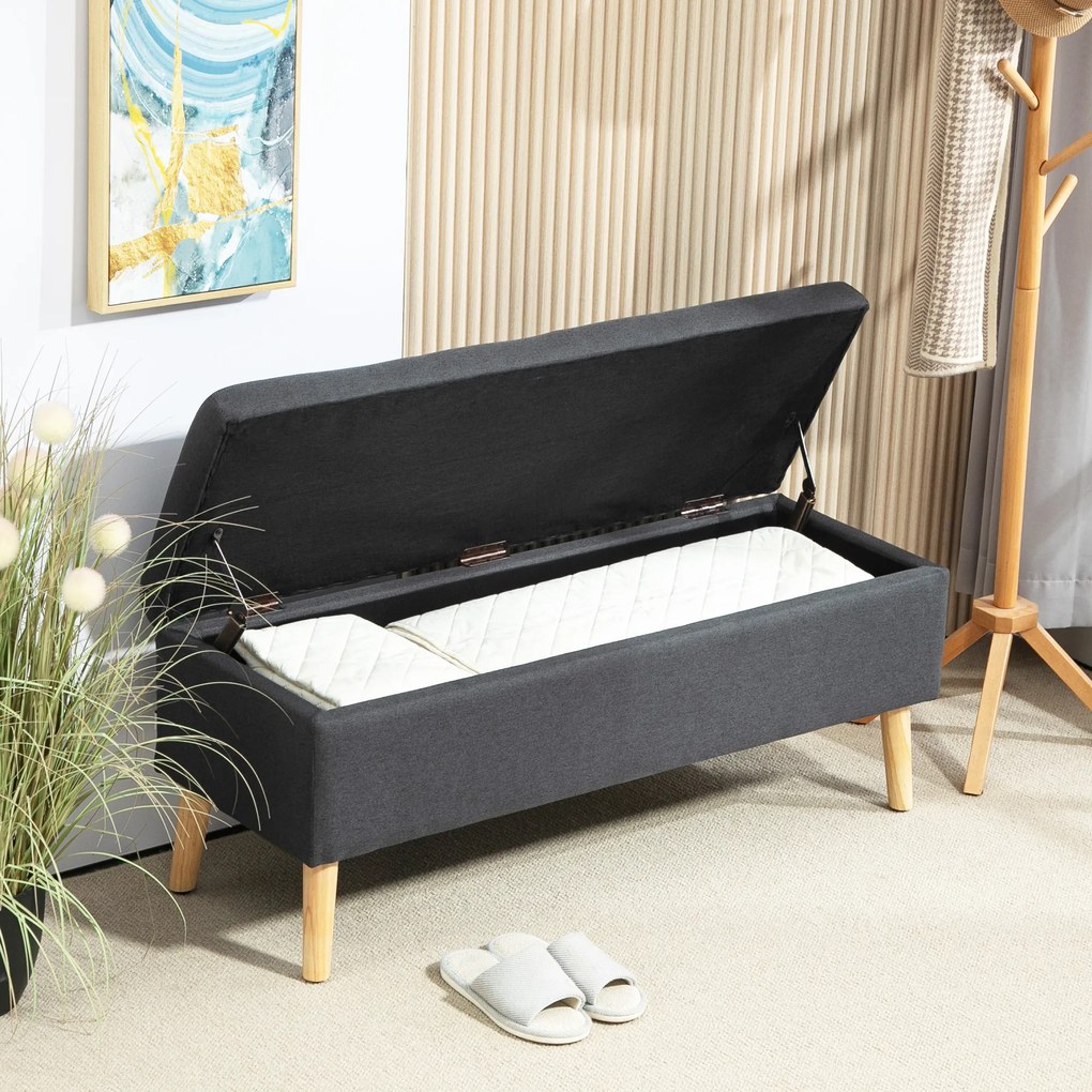 HOMCOM Bancă tapițată cu depozitare, bancă de dormit în model de in, lemn de cauciuc, 110 x 39 x 45 cm, Gri închis | Aosom Romania