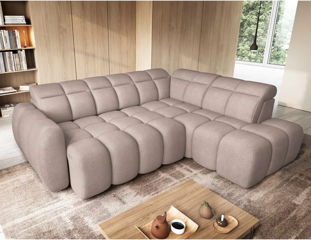 Colțar maro deschis extensibil/cu spațiu de depozitare cu tapițerie din țesătură bouclé (cu colț pe partea dreaptă/în formă de ”L”) Falconn – ELTAP