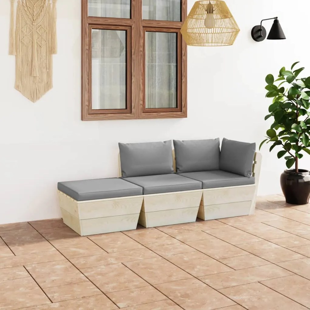 3063421 vidaXL Set mobilier grădină din paleți cu perne, 3 piese, lemn molid