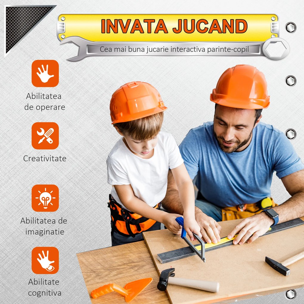 HOMCOM Banc de Lucru Jucarie cu 50 Accesorii, Unelte pentru Copii 3-6 Ani cu Bormasina cu Baterie, Negru Gri