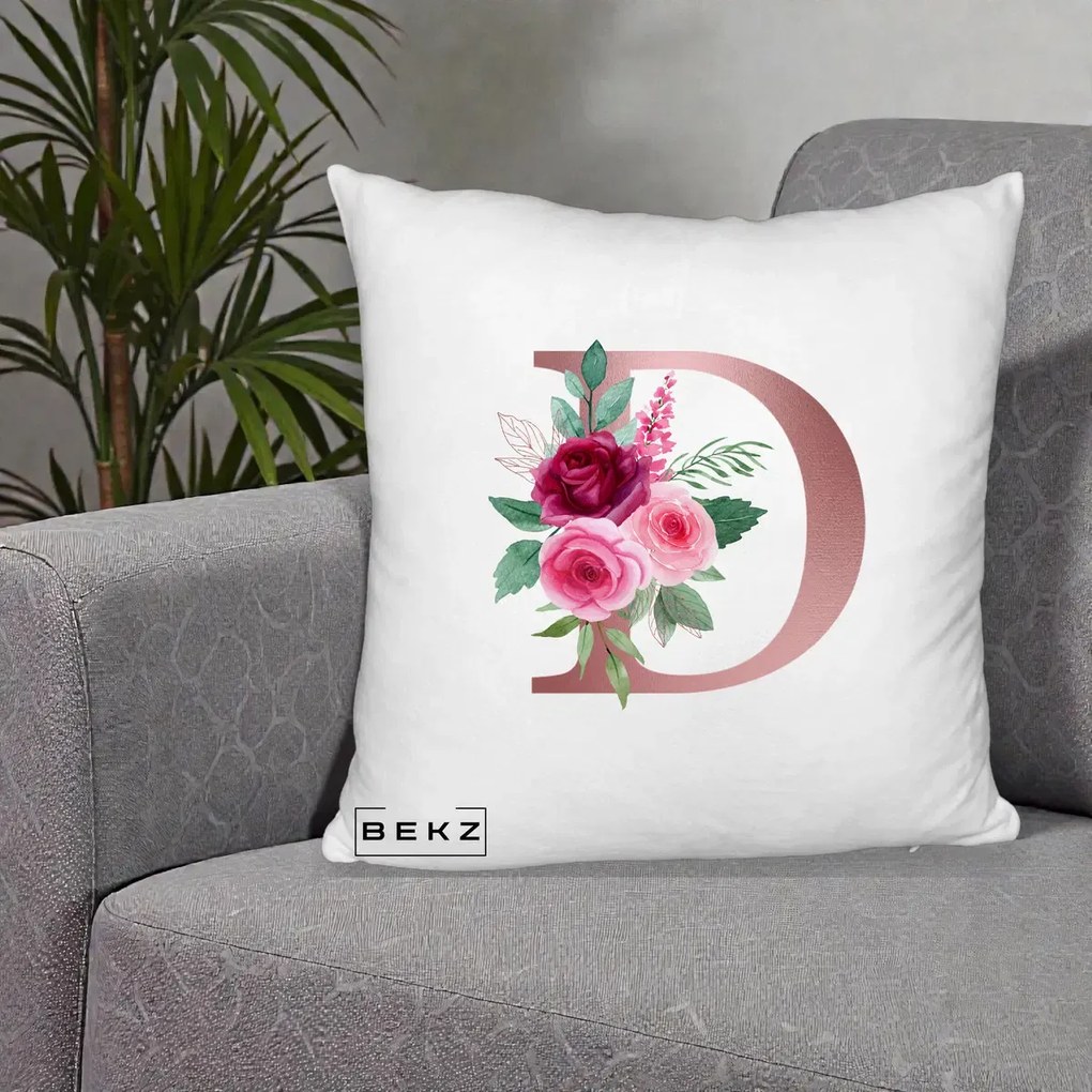 Cadou Personalizat - Perna Personalizata Monograma Rose Gold Litera D, 40x40 cm, Alb Pufos, Husa Detasabila, Perna Inclusa, BEKZ®