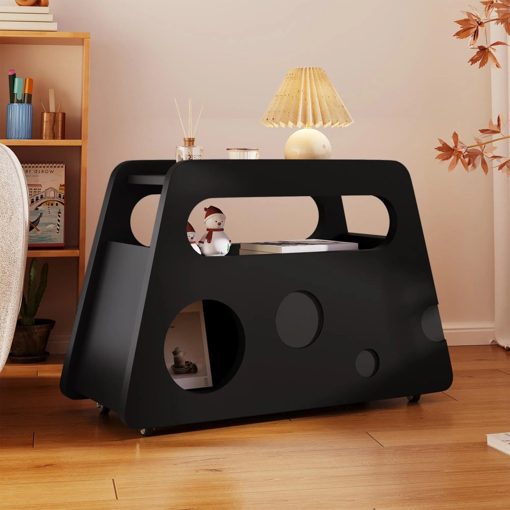 Măsuță laterală cu roți, colțuri rotunjite, mobilă, economisitoare de spațiu, pentru living și dormitor, 81x33x51,5 cm, Negru