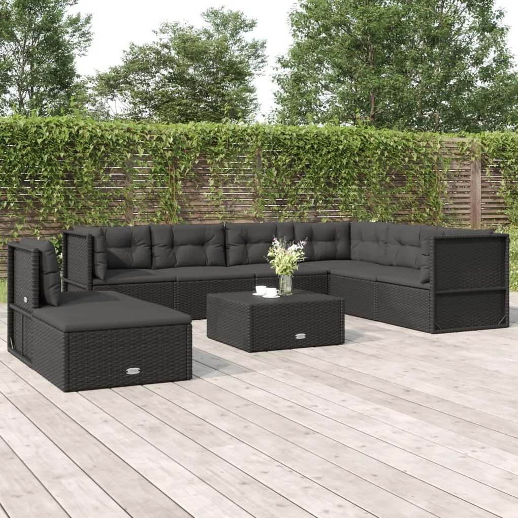 3187137 vidaXL Set mobilier de grădină cu perne, 8 piese, negru, poliratan