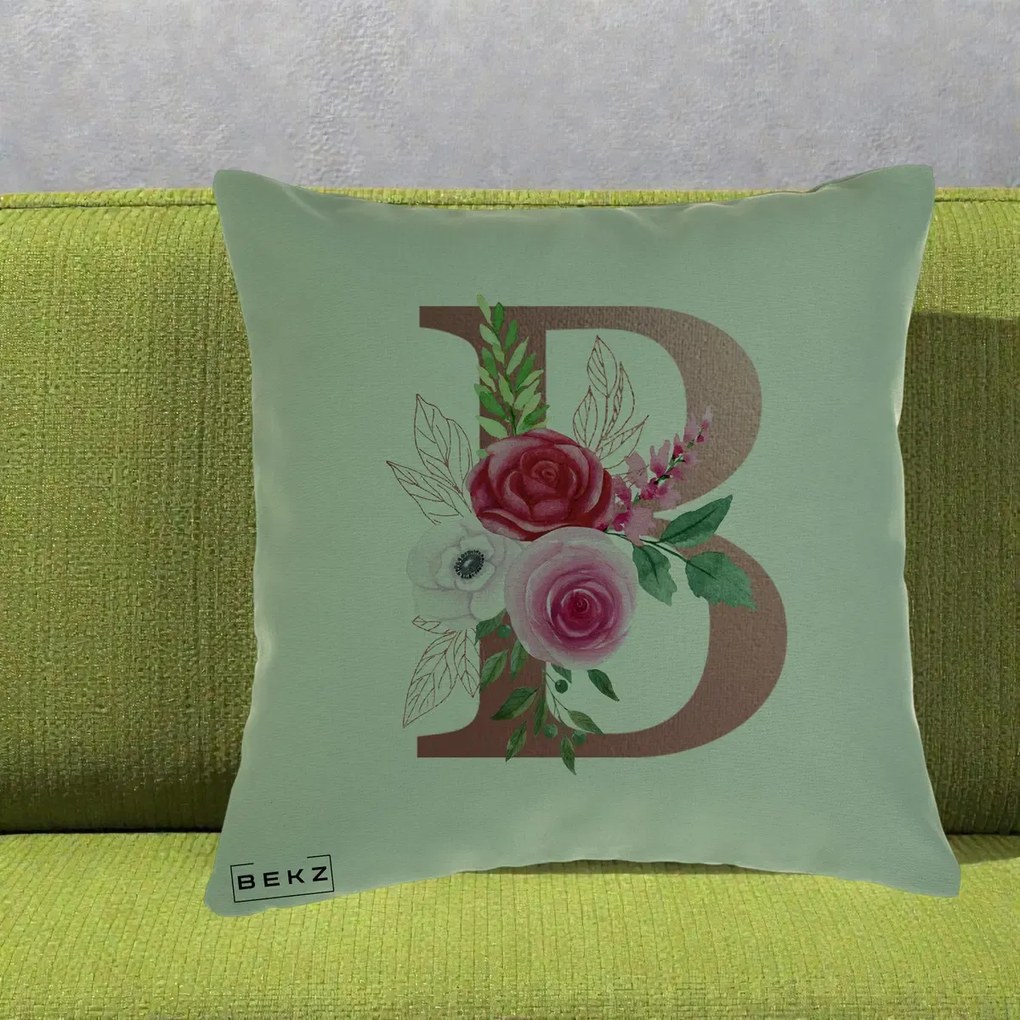 Cadou Personalizat - Perna Personalizata Monograma Rose Gold Litera B, 40x40 cm, Verde, Husa Detasabila, Perna Inclusa, BEKZ®