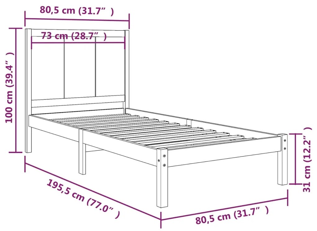 Cadru de pat Small Single 2FT6, 75x190 cm, lemn masiv de pin Maro, 75 x 190 cm