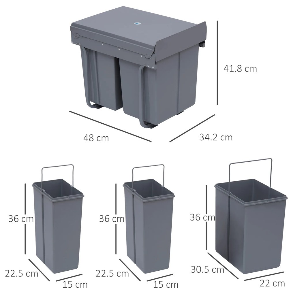 HOMCOM Cos de Gunoi Ecologic cu 3 Containere Separate Capacitate Total 40L, Gri 48x34.2x41.8cm | Aosom Romania