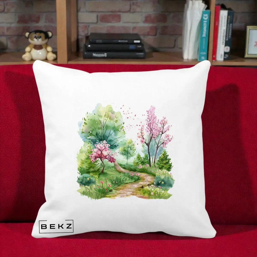 Perna Decorativa Gradina Primavara Acuarela, 40x40 cm, Alba Mata, Husa Detasabila, Perna Inclusa, BEKZ®