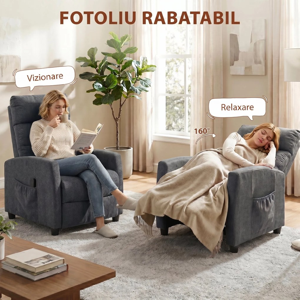 HOMCOM Fotoliu Reclinabil Manual cu Masaj 160°, Chenille, Suport Picioare, Telecomandă, Buzunare, Gri Închis | Aosom Romania