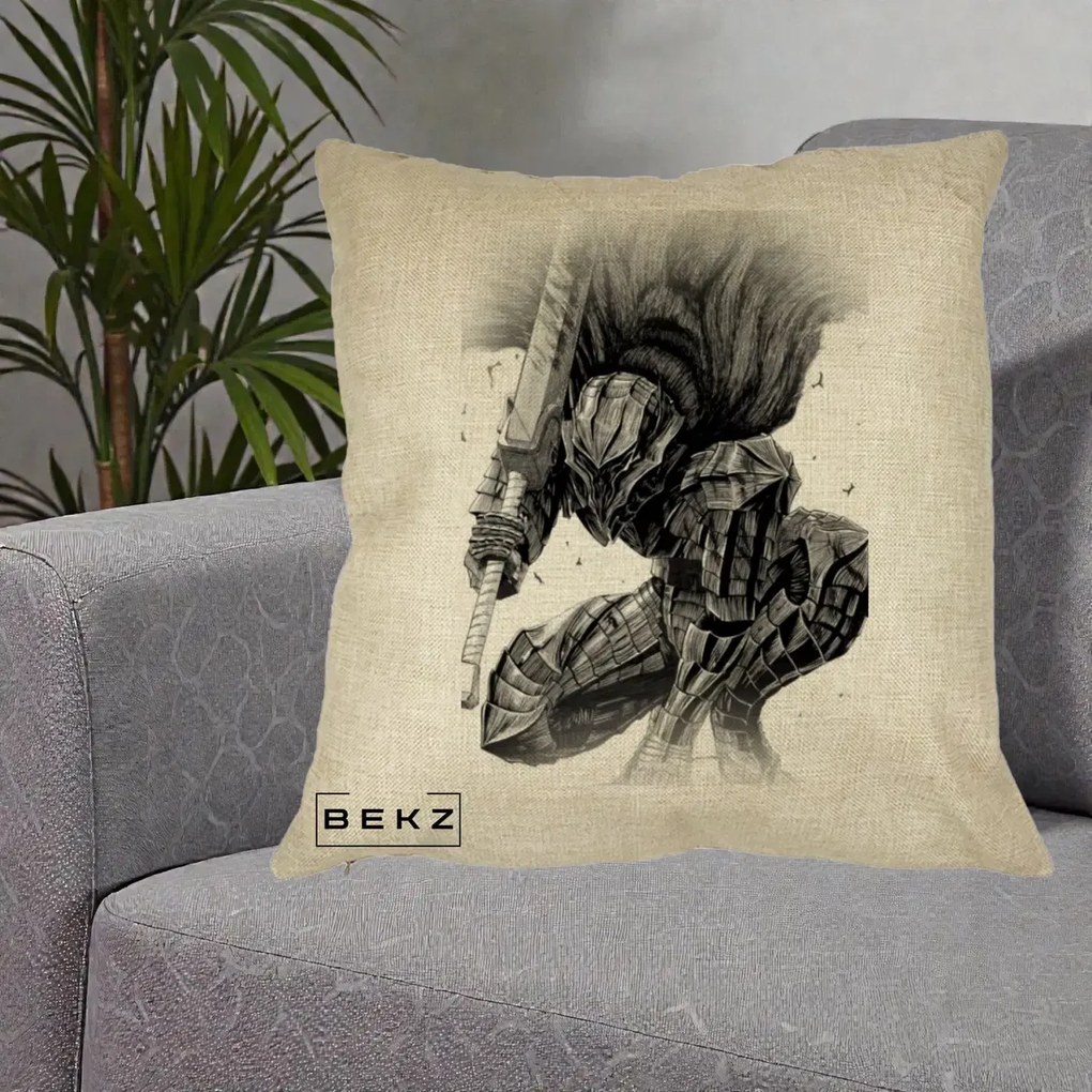 Perna Personalizata Berserk Guts Armor of Darkness Manga, 40x40 cm, Crem, Husa Detasabila, Perna Inclusa, BEKZ®