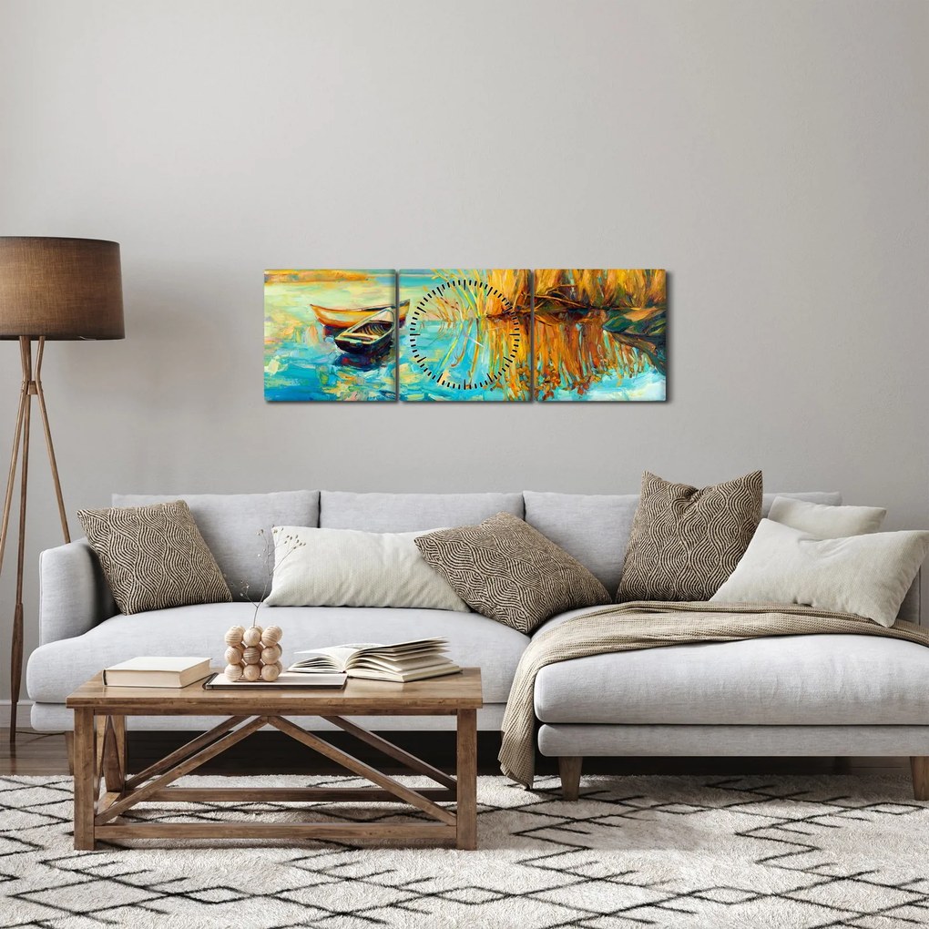 Tablou - Lacul cu bărci (cu ceas) (90x30 cm)