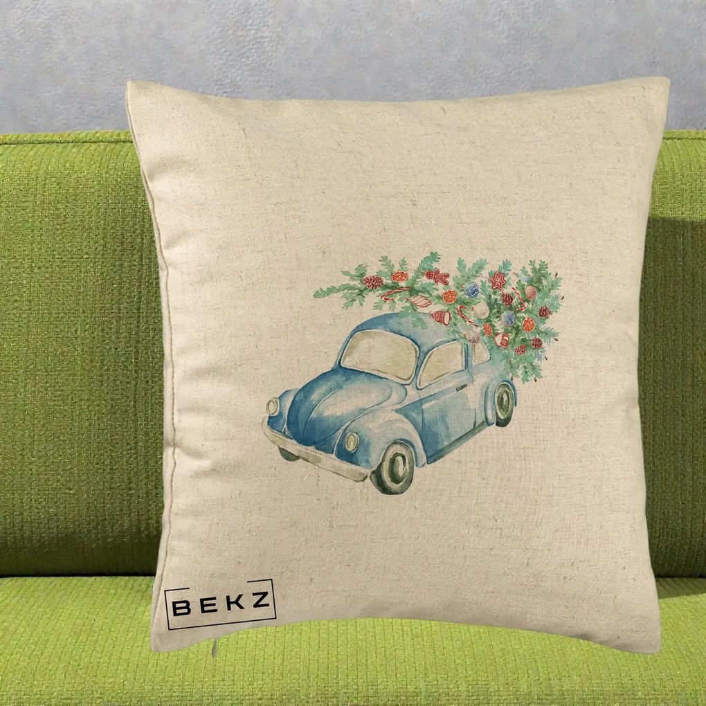 Perna Decorativa Masinuta Albastra cu Brad de Craciun, 40x40 cm, Bej, Husa Detasabila, Perna Inclusa, BEKZ®