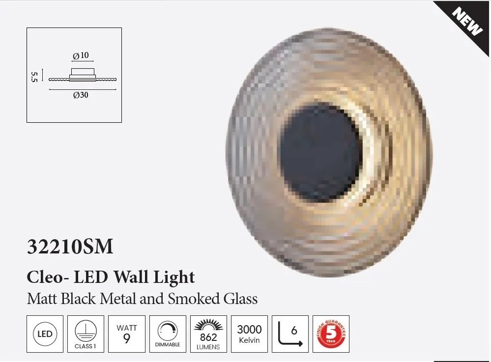 Aplica LED metal negru mat sticla fumurie Cleo