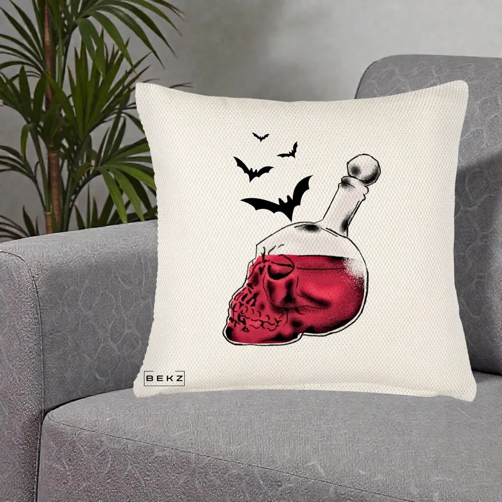 Perna Decorativa Halloween Craniu-Sticla cu Lilieci, 40x40 cm, Crem Reliefat, Husa Detasabila, Perna Inclusa, BEKZ®