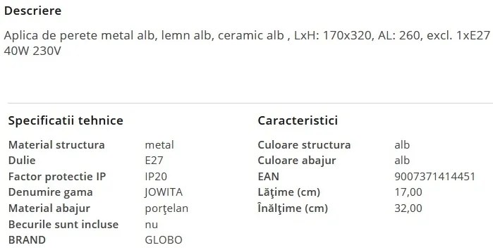 Aplica cu suspensie stil industrial JOWITA alb-negru