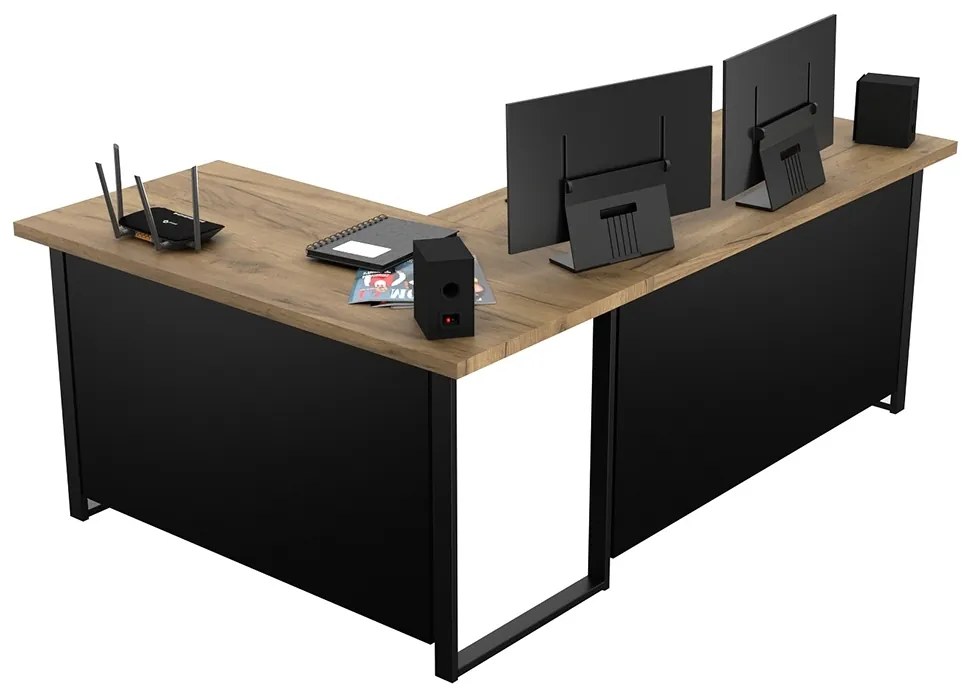 Birou Verin colt drept, 200 cm, pe bază de metal cu panouri - stejar auriu / negru