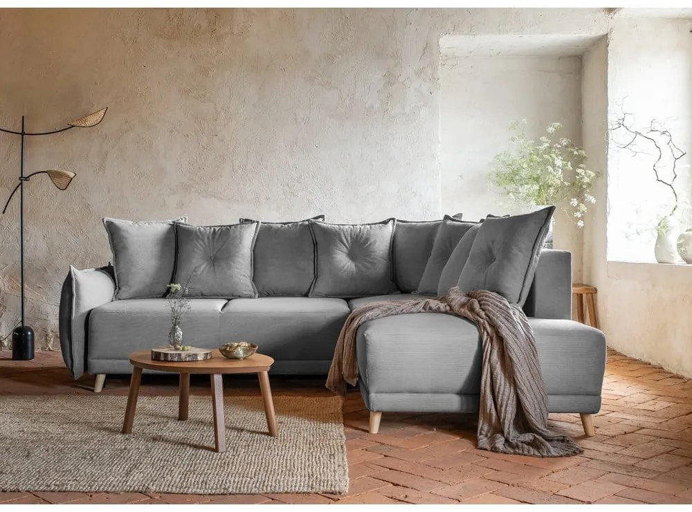 Colțar gri extensibil cu tapițerie din catifea reiată (colț dreapta) Lazy Lukka – Miuform
