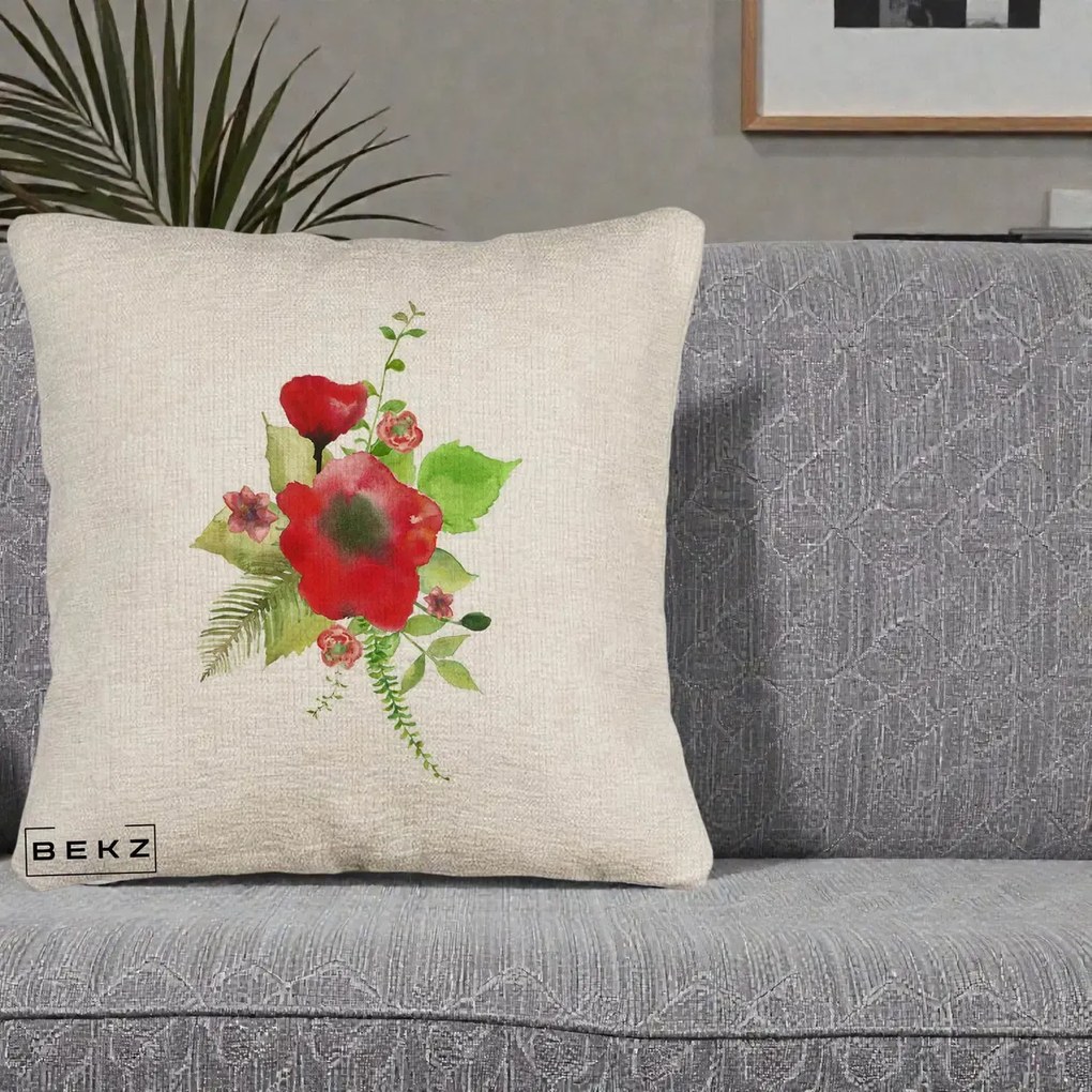 Perna Decorativa Buchet Rosu Acuarela, 40x40 cm, Bej Canapea, Husa Detasabila, Perna Inclusa, BEKZ®