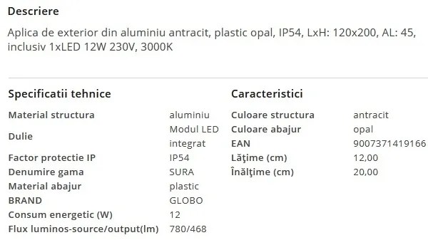 Aplica LED de exterior IP54 SURA 12W