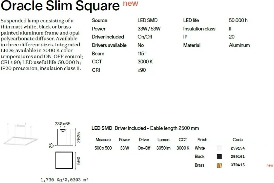 Lustra LED suspendata design circular ORACLE SLIM SP D050 SQUARE 3000K ON-OFF OT
