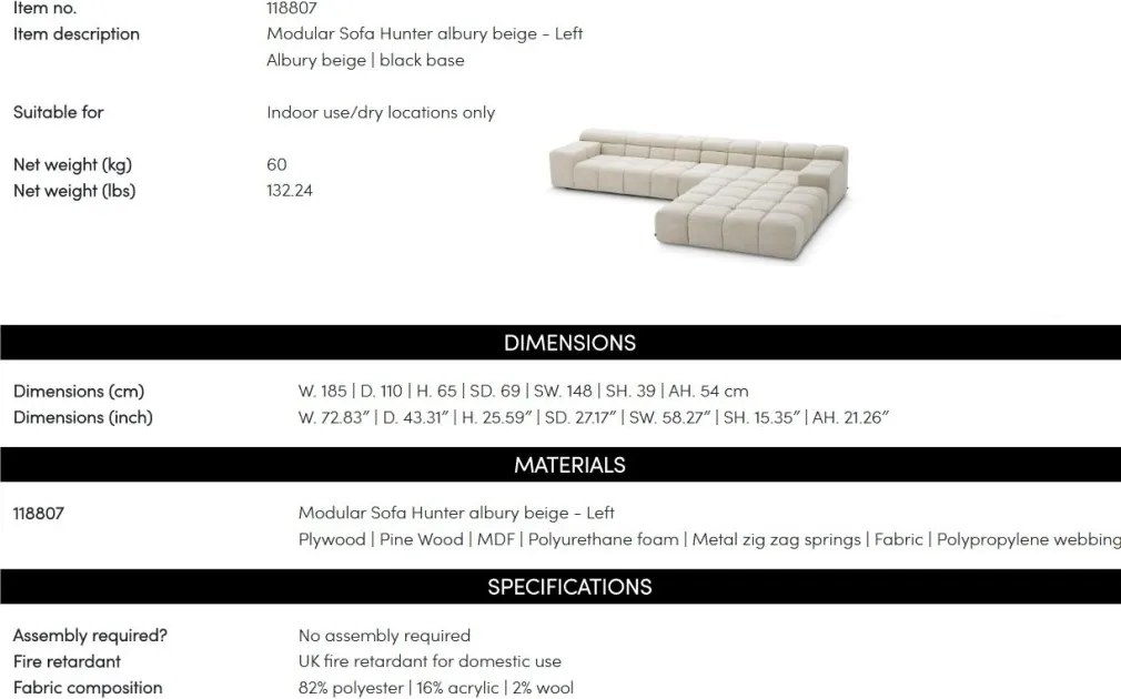 Modul stanga pentru canapeaua design LUX Hunter