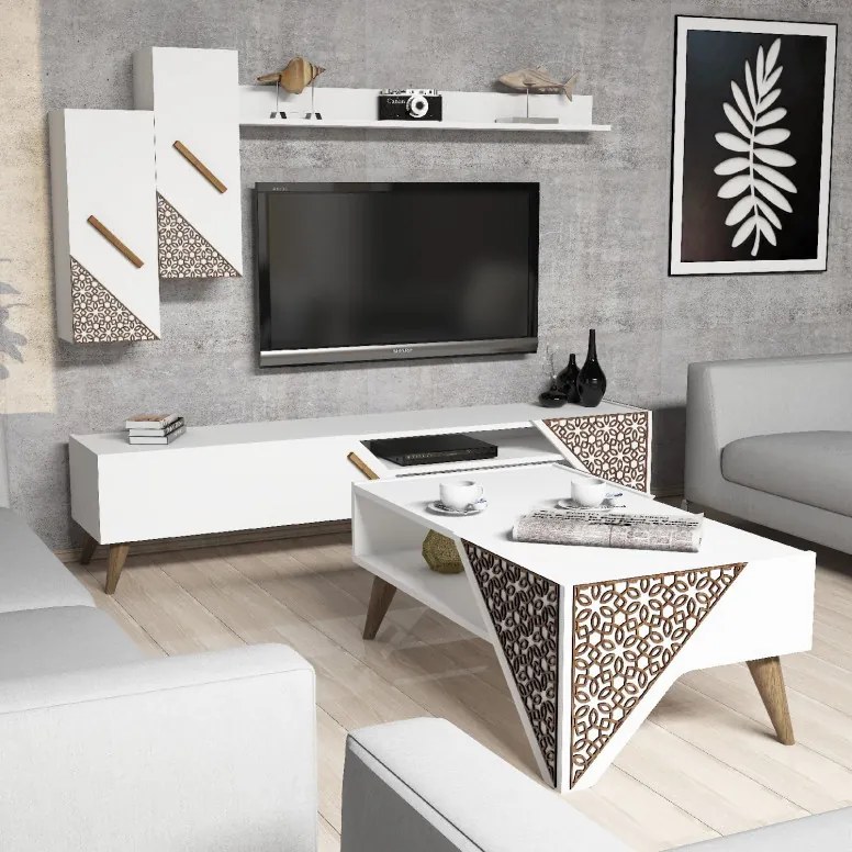 Set Comoda TV si Masuta de Cafea Living Beril Alb