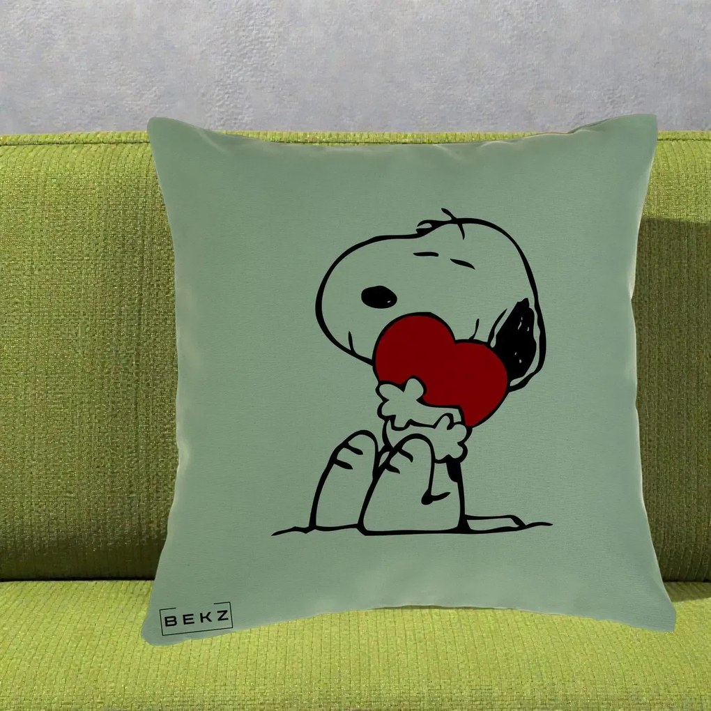 Perna Personalizata Snoopy cu Inima, 40x40 cm, Verde, Husa Detasabila, Perna Inclusa, BEKZ®