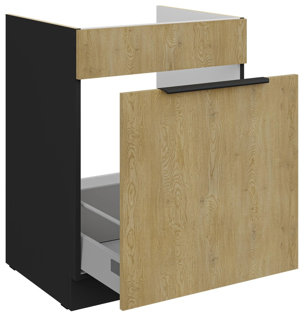 Dulap inferior de bucătărie pod drez Carminia 60 ZL 1S BB PREMIUM BOX (stejar cremona + negru). 1127980