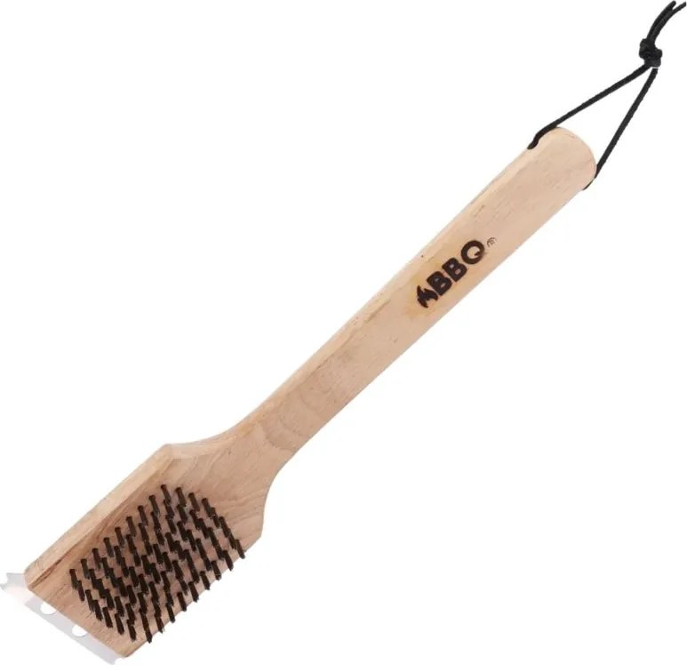 Perie curățare grătar BBQ 30 cm, din lemn cu peri metalici, accesoriu grill rezistent