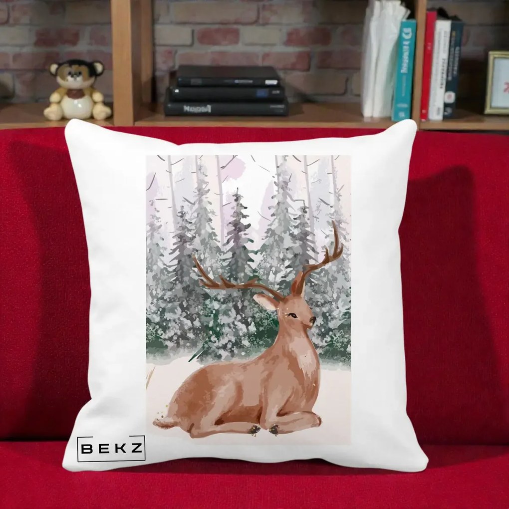 Perna Decorativa Ren in Padure Roz Moale, 40x40 cm, Alba Mata, Husa Detasabila, Perna Inclusa, BEKZ®