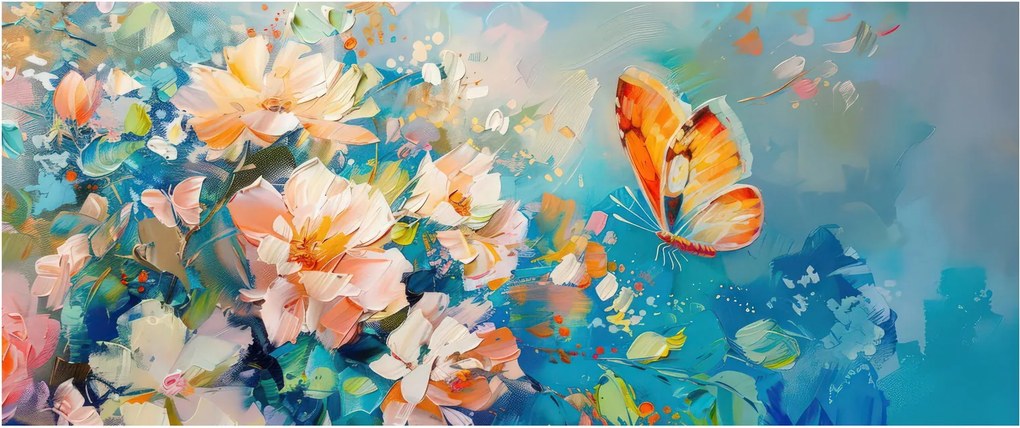 Tablou - Fluture și flori, pictură în ulei II. (120x50 cm)