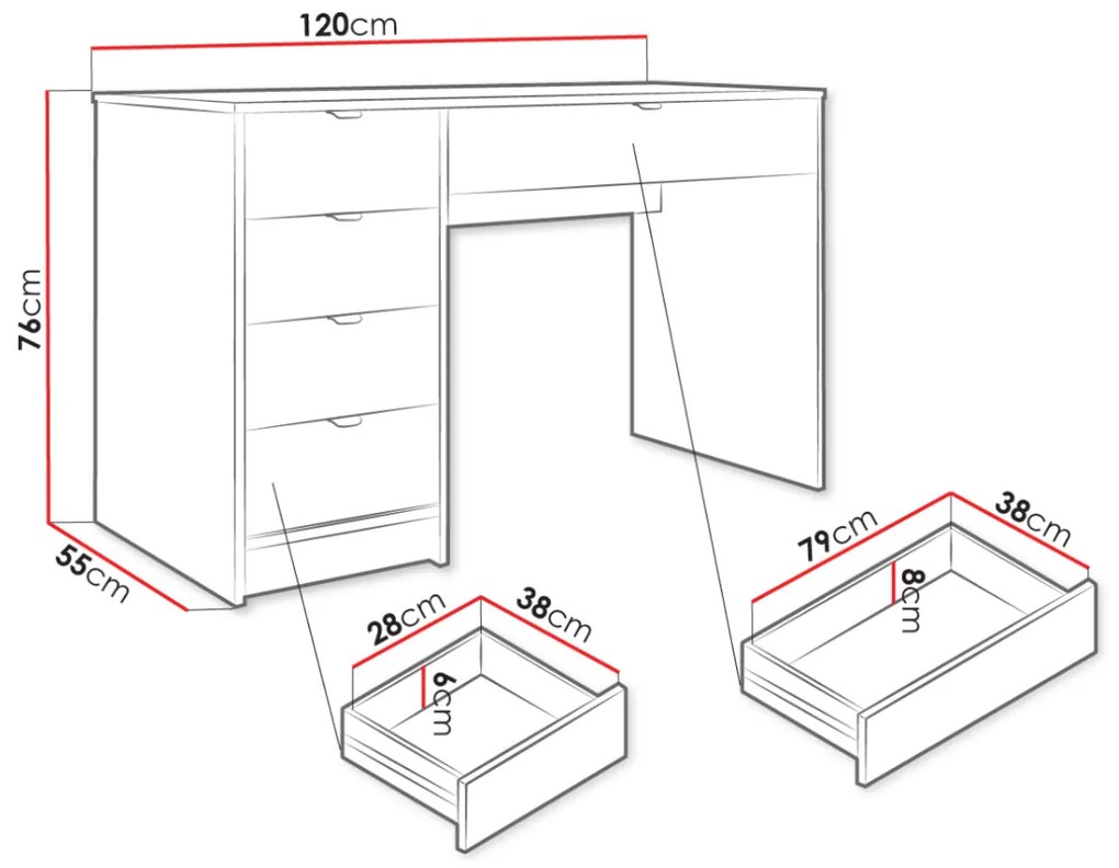 BIA4 - Birou 120 cm, masa de calculator cu 5 sertare, office - Alb cu Riflaje