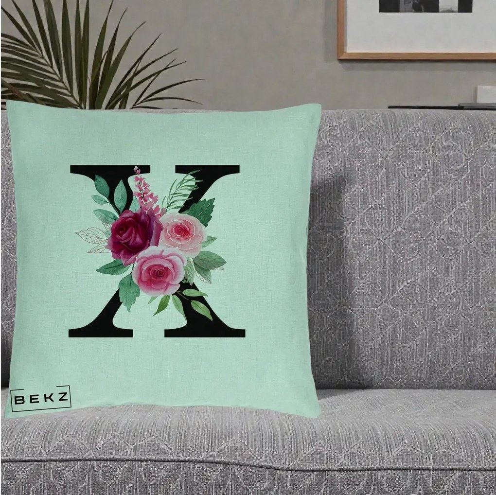 Cadou Personalizat - Perna Personalizata Monograma Florala Litera X cu Buchet, 40x40 cm, Verde Menta, Husa Detasabila, Perna Inclusa, BEKZ®