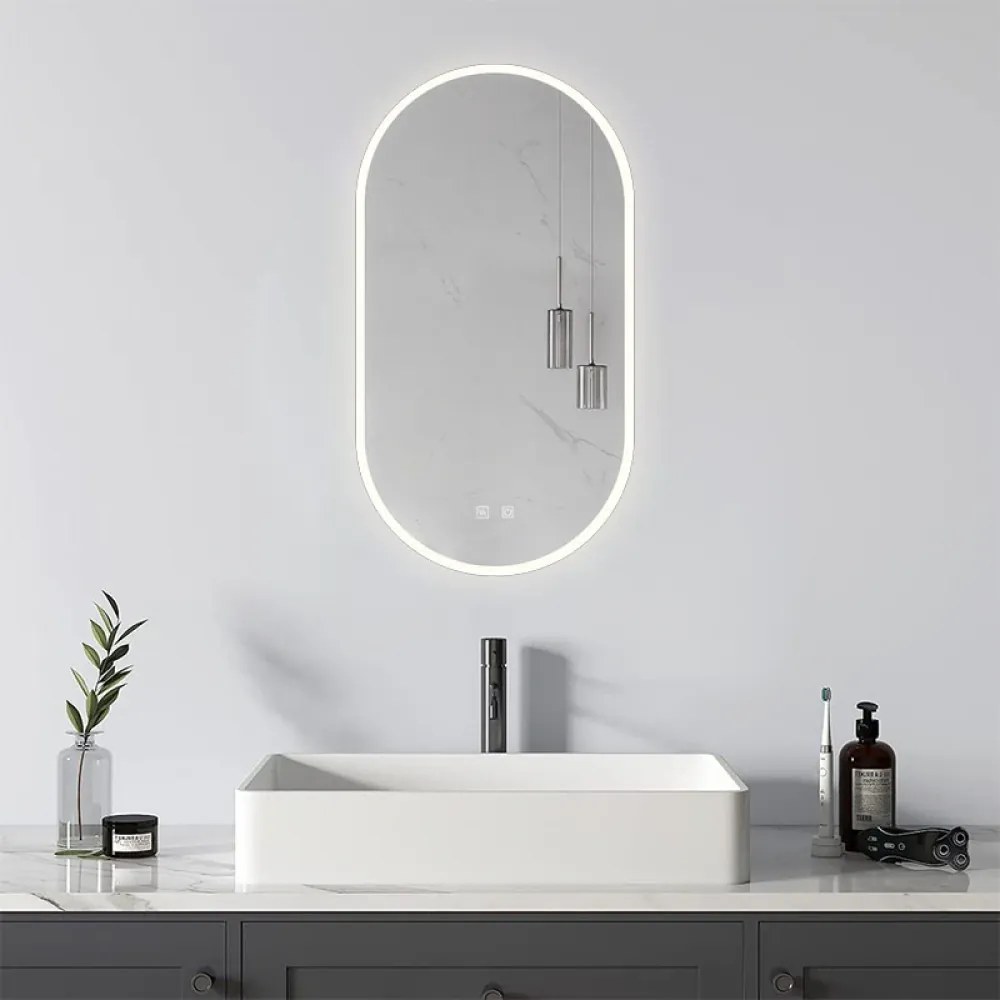 Oglindă baie, Multifuncțională, Iluminare LED Touch, Intensitate reglabila, Sistem Dezaburire, Ceas electronic încorporat, Indicator Temperatura, 45x80 cm