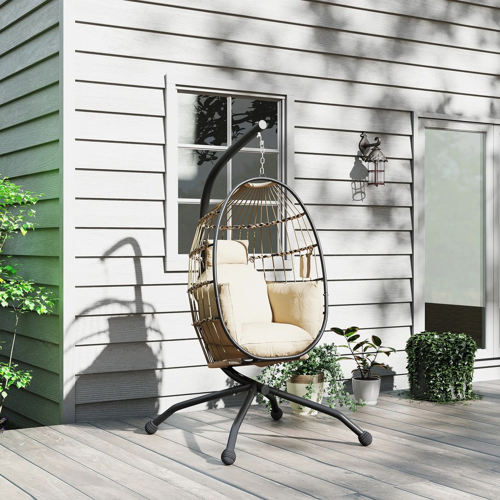 Outsunny Fotoliu Suspendat Tip Ou cu Lanț Reglabil, 2 Perne Detașabile și Suport pentru Pahare, Scaun Balansoar Pliabil pentru Grădină, Bază în X din Oțel, pentru Interior și Exterior, 120x88x192 cm, Bej | Aosom Romania
