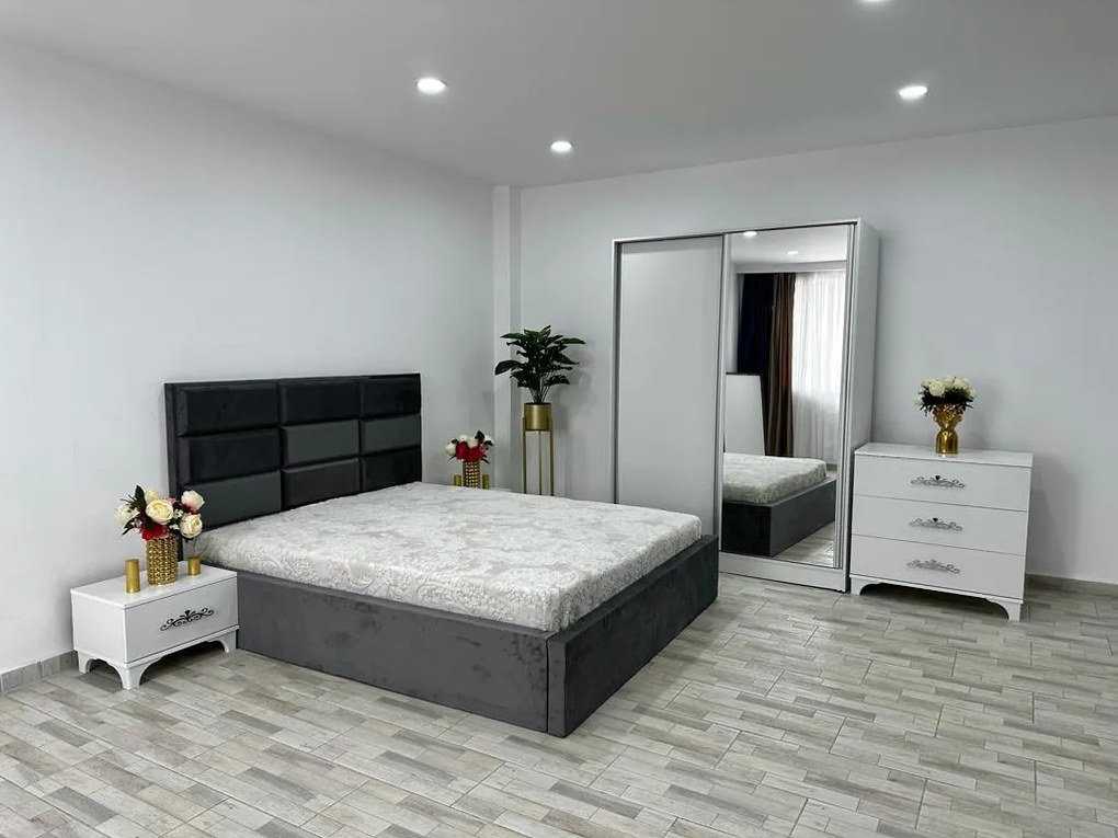 Dormitor complet Roma, culoare gri / alb, cu pat Roma 160 x 200 cm, dressing Erika, 2 noptiere si comoda Viena