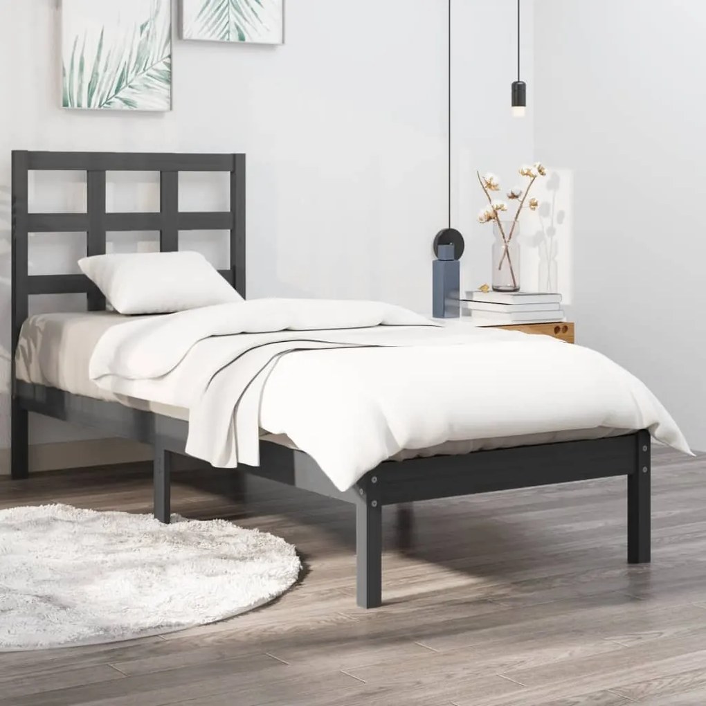 3105432 vidaXL Cadru de pat mic single, gri, 75x190 cm, lemn masiv
