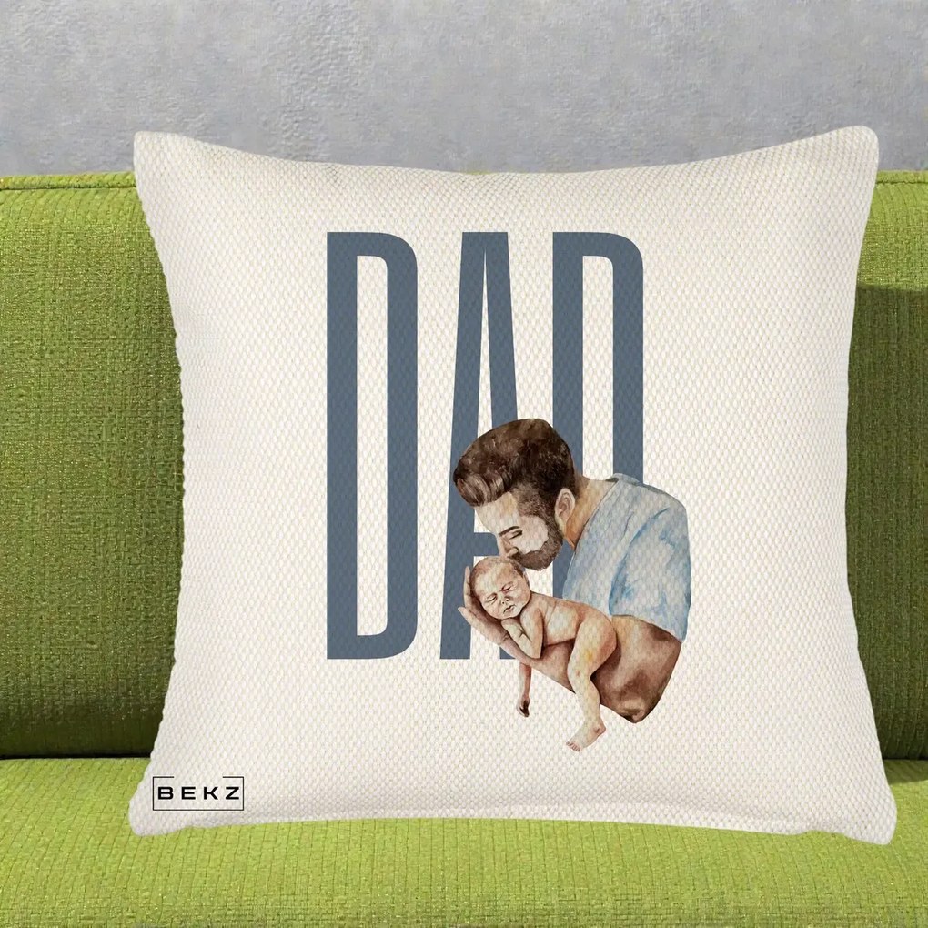 Cadou pentru Tata - Perna Personalizata DAD Tata si Nou-Nascut, 40x40 cm, Crem Reliefat, Husa Detasabila, Perna Inclusa, BEKZ®