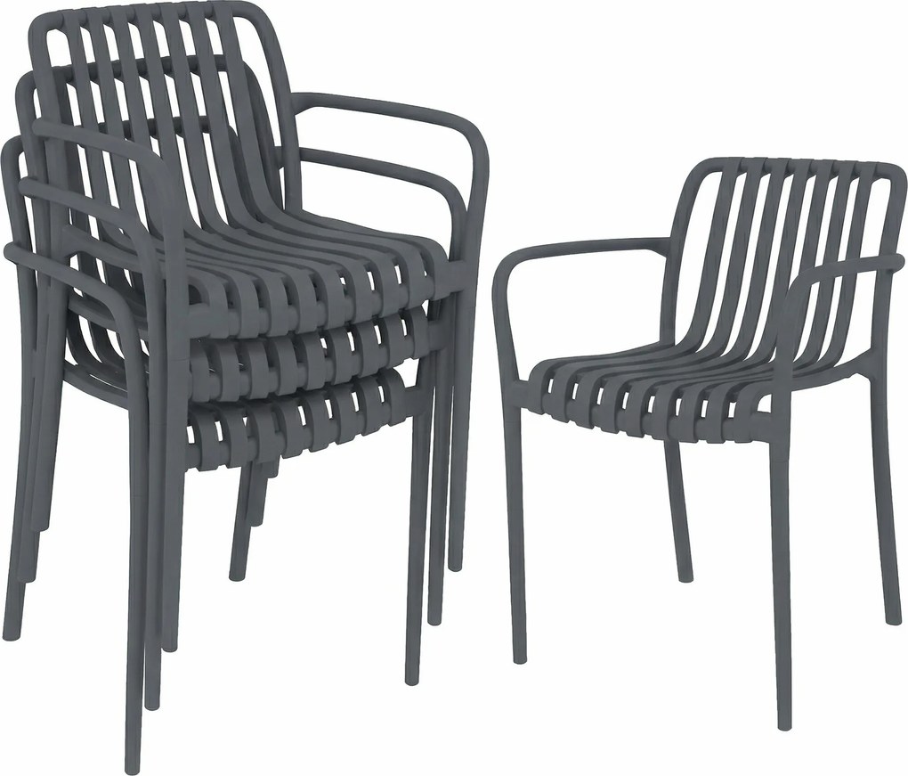 Outsunny Set 4 scaune pentru grădină Scaune stivuibile pentru terasă cu design cu lamele și cotiere, ergonomice Gri închis | Aosom Romania