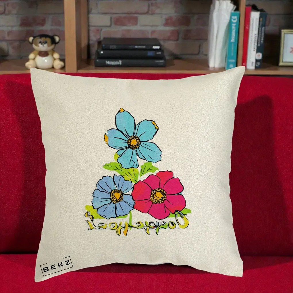 Perna Decorativa Trei Flori Grafice Pop Art, 40x40 cm, Ecru, Husa Detasabila, Perna Inclusa, BEKZ®