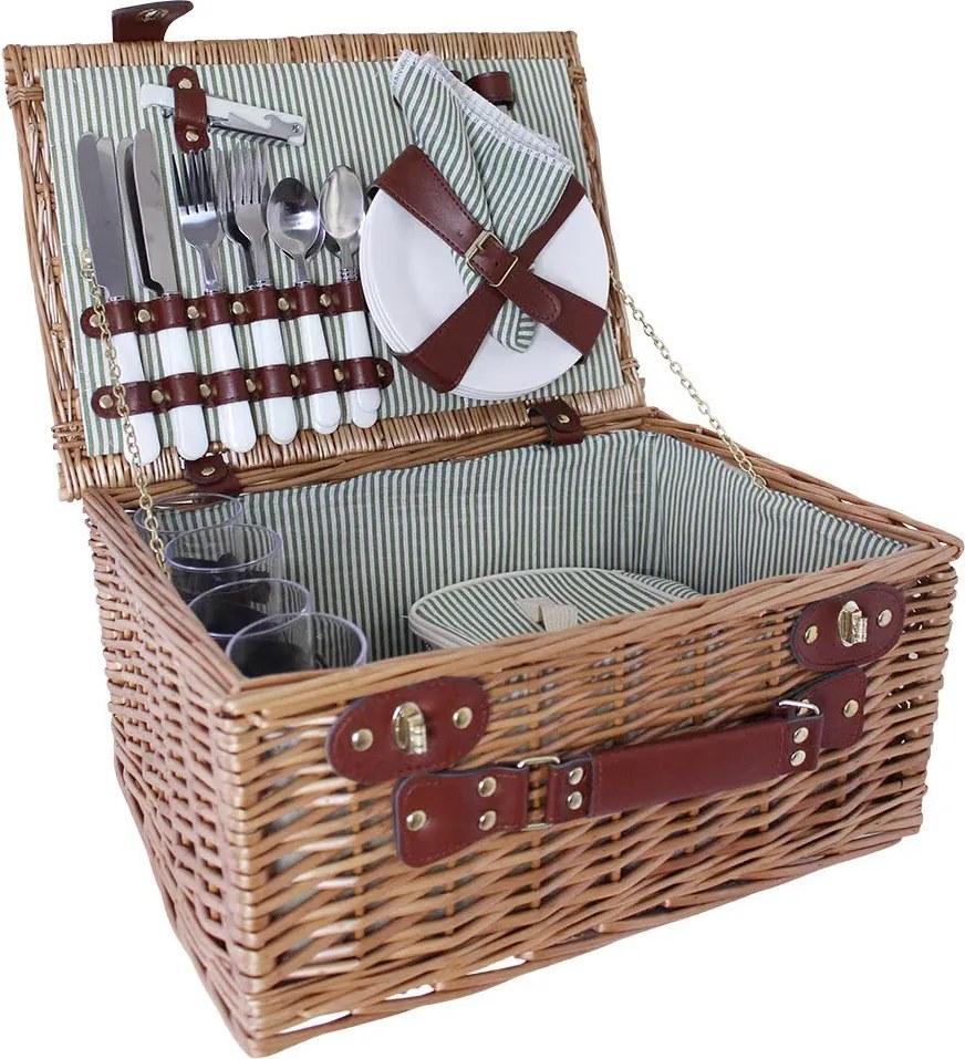 Coș de picnic mare din răchită împletită cu căptușeală în dungi verzi, pentru 4 persoane, „Vendela Large Green"