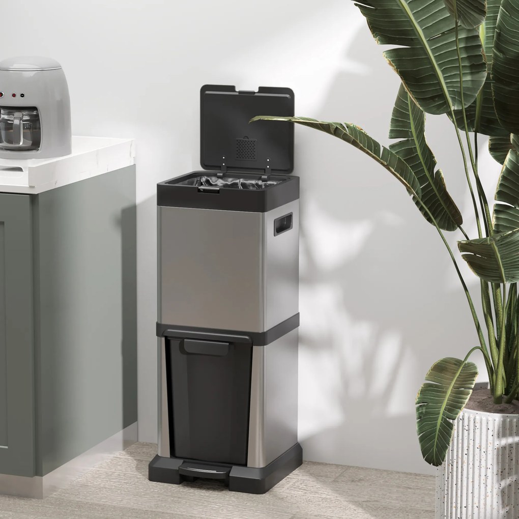 HOMCOM Coș de gunoi 20+14L cu pedală, capac, compartiment basculant, coșuri interioare detașabile, oțel inoxidabil 32,5 x 31,5 x 78 cm Argintiu | Aosom Romania