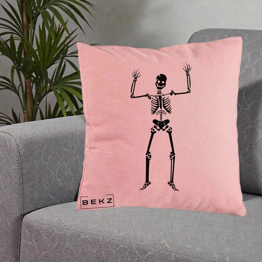 Perna Decorativa Halloween Schelet Dansator, 40x40 cm, Roz, Husa Detasabila, Perna Inclusa, BEKZ®