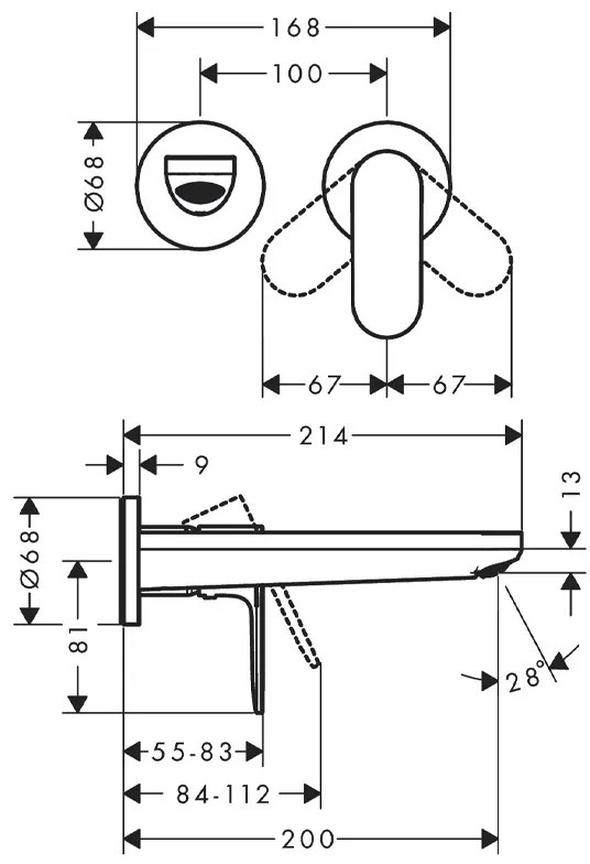 Baterie lavoar Hansgrohe, Rebris S, montaj pe perete, pipa 200 mm