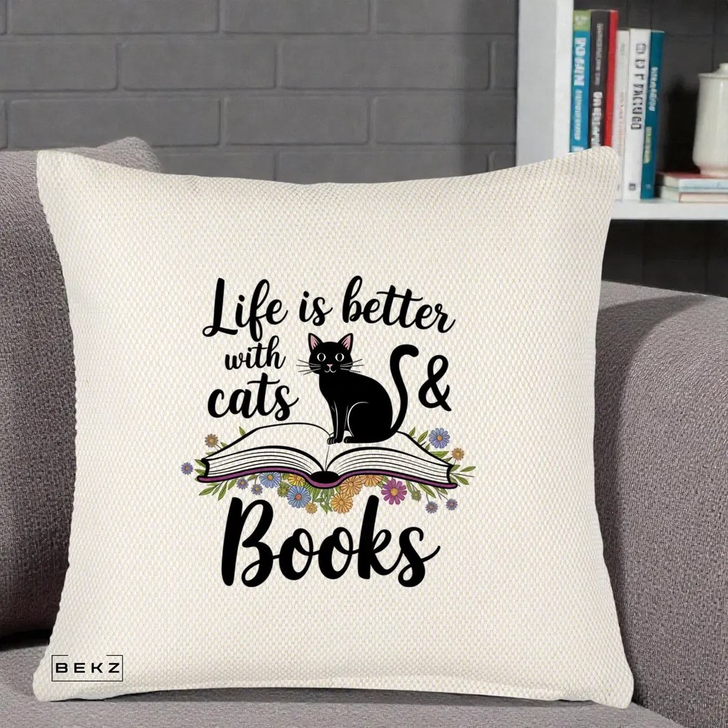 Perna Personalizata Life is Better Cats and Books, 40x40 cm, Crem Reliefat, Husa Detasabila, Perna Inclusa, BEKZ®