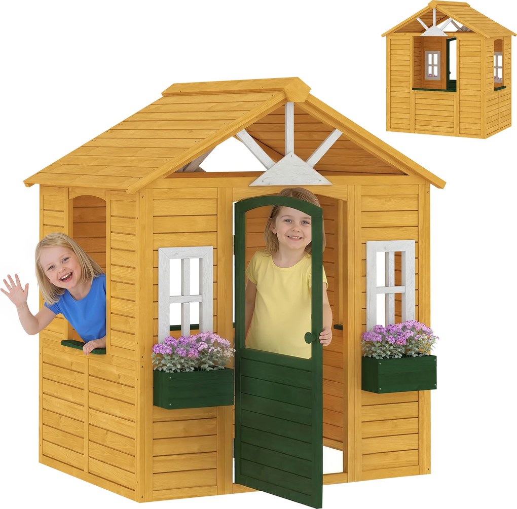 AIYAPLAY Căsuță de joacă din lemn pentru exterior cu ușă 3 ferestre 2 jardiniere pentru copii 3-8 ani 134,5 x 97 x 150 cm Maro | Aosom Romania
