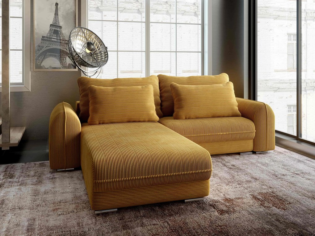 Colțar extensibil dumonde cu ladă de depozitare si sezut confortabil din spuma high-density, Denver Zoom Mustar 275x185 cm