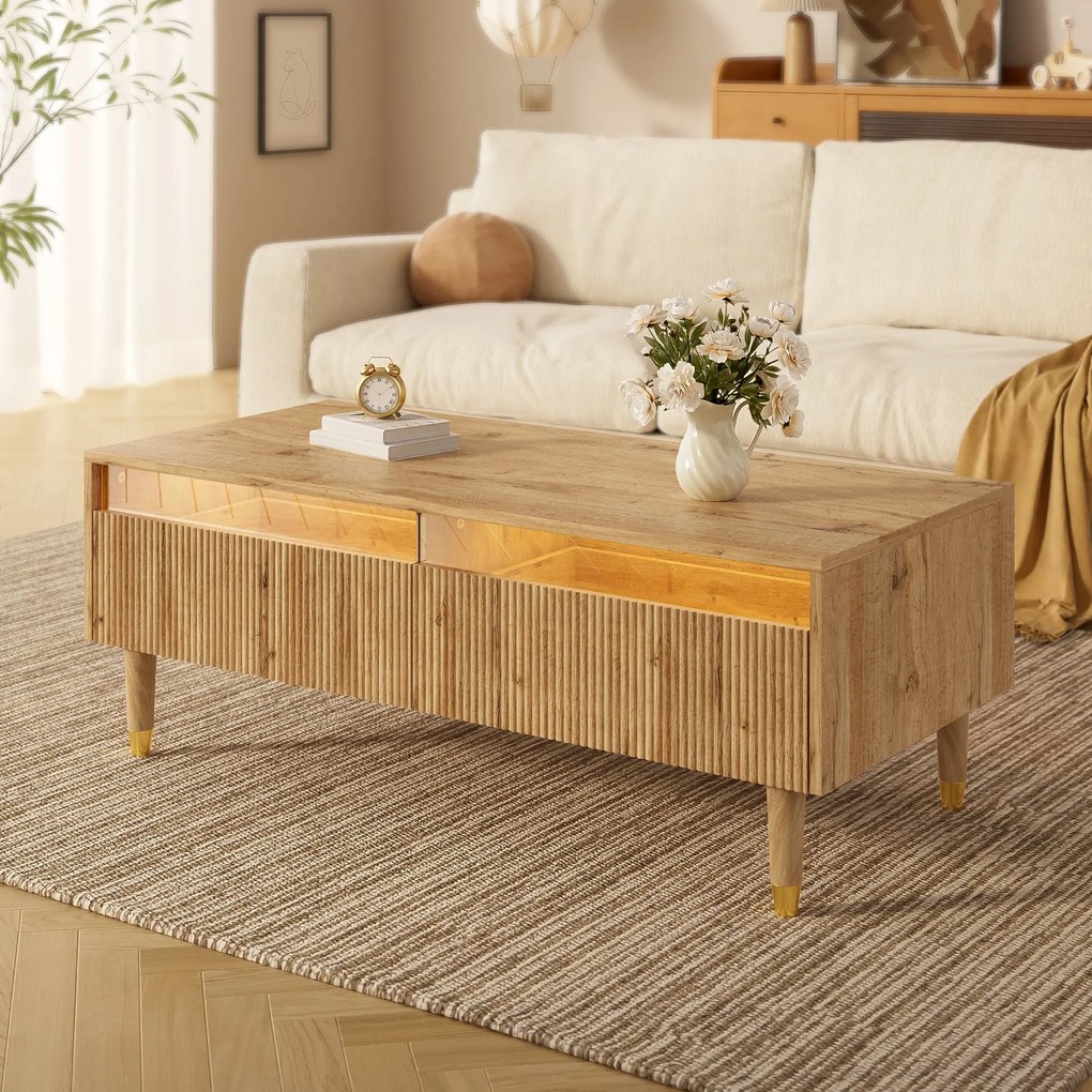 Masă de cafea cu LED, 2 sertare și iluminare LED, 110x50x40 cm, Culoare naturală